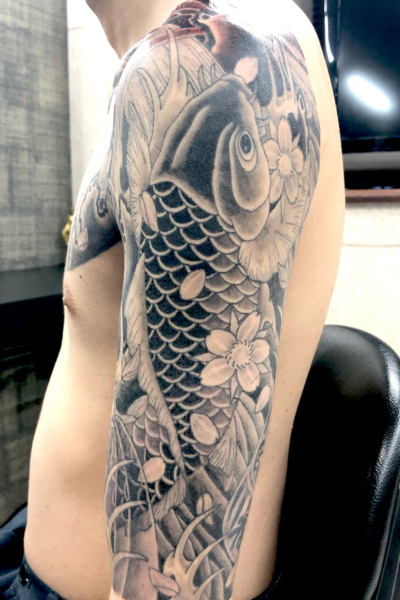和彫り腕に「鯉と桜」の刺青