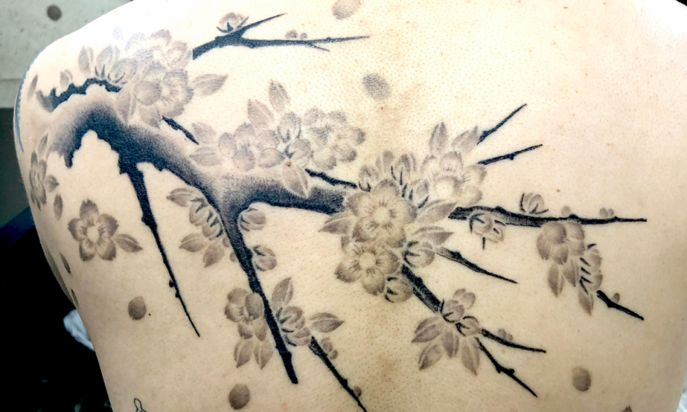 和彫り背中に「桜の木」の刺青