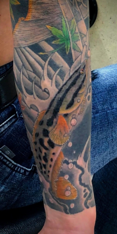 和彫り腕に「雷魚」の刺青