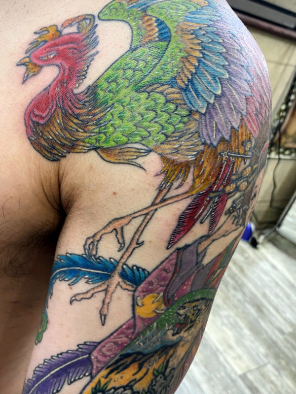 和彫り腕に「鳳凰」の刺青