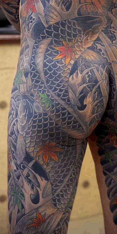 和彫り尻から腿裏に「鯉」の刺青