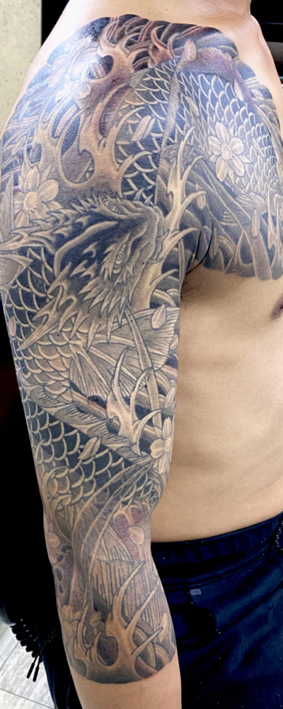 和彫り腕胸に「鯉と龍魚」の刺青