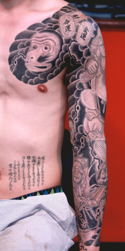 和彫り腕胸に「猿と七福神と打ち出の小槌と小判」の刺青
